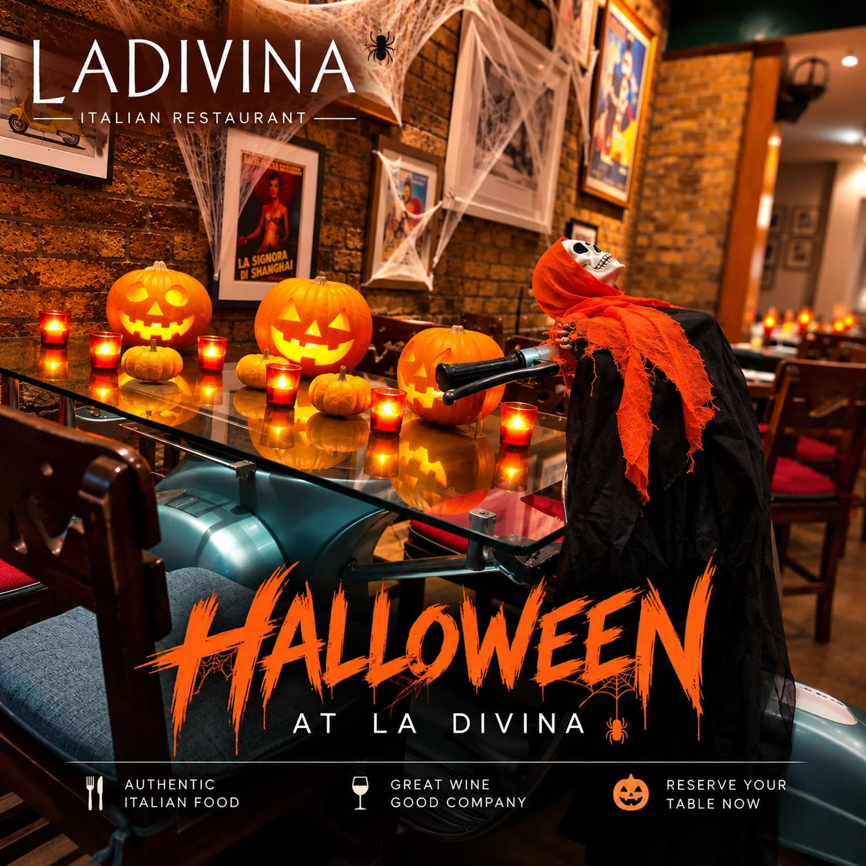 Halloween decorations at La Divina with illuminated pumpkins and a skeleton beside the Fiat table