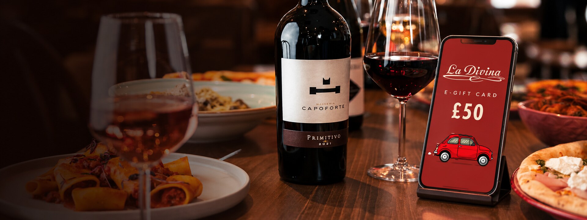 La Divina e-gift card presented with Italian food and wine
